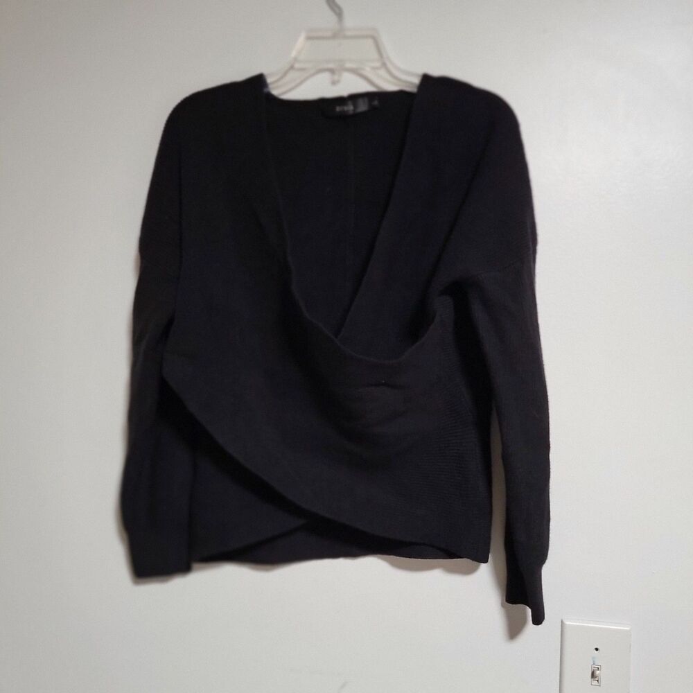 Ribbed Knit Batwing Wrap Sweater Womens Size L Black V Neck  Soft  Viscose Rayon